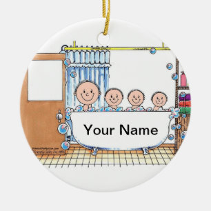 Tub Time, Three Children with Dad Ceramic Ornament
