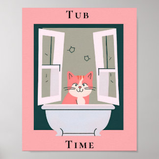 Tub Time with Kitty Bathroom Art Poster