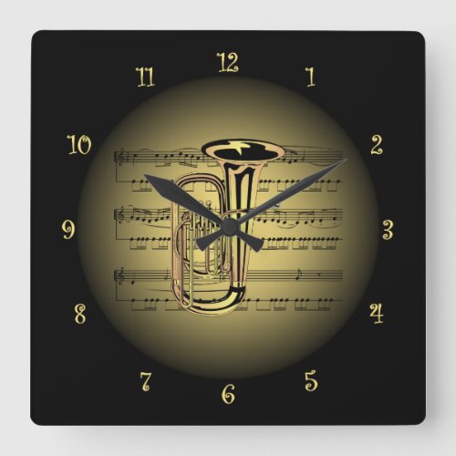 Tuba  3_D Sheet Music  Gold  Black Background Square Wall Clock