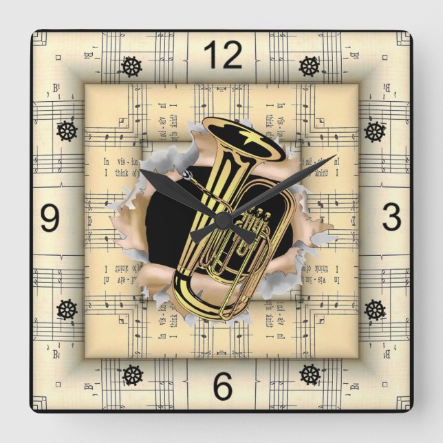 Tuba ~ Breaking Through ~ Strange Sheet Music ~  Square Wall Clock (Front)