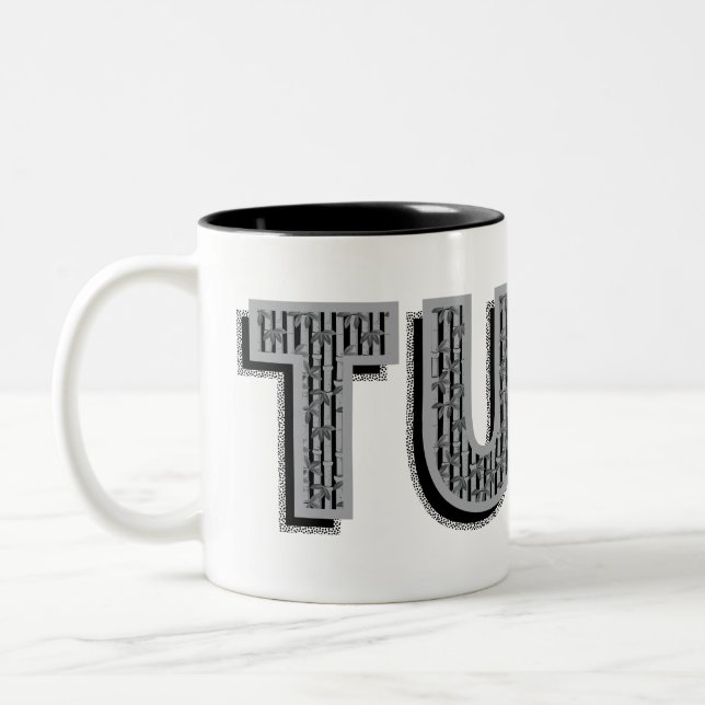 Tuba Gray Patterned Text Two-Tone Coffee Mug (Left)