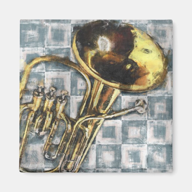 Tuba Gray Squares Painting Music Magnet (Front)