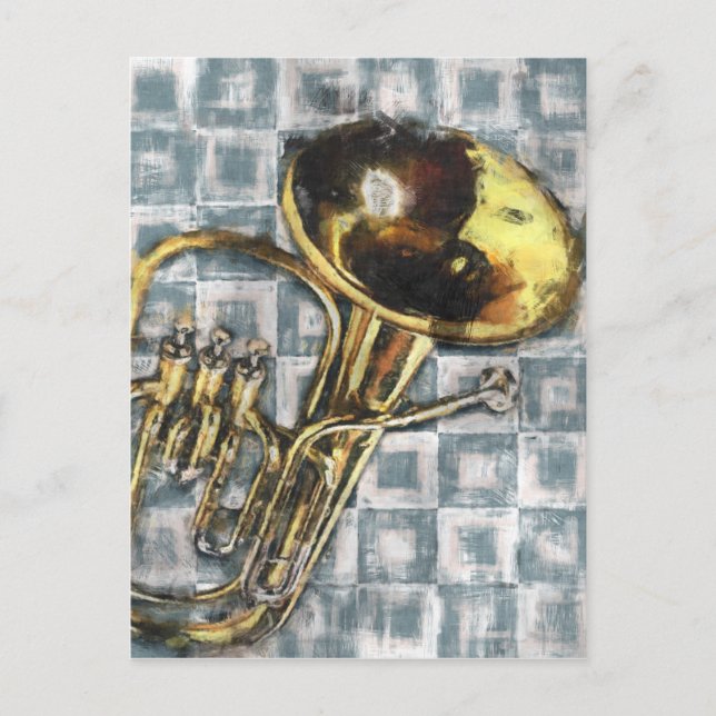 Tuba Gray Squares Painting Music Postcard (Front)