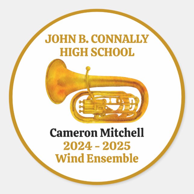 Tuba High School Band Gold Personalized Classic Round Sticker (Front)