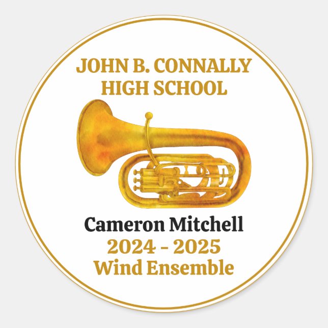 Tuba High School Band Gold Personalized Classic Round Sticker (Front)