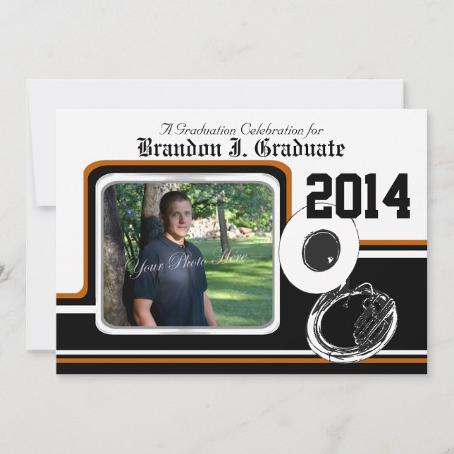 Tuba Marching Band Graduation Photo Orange Invitation (Front)