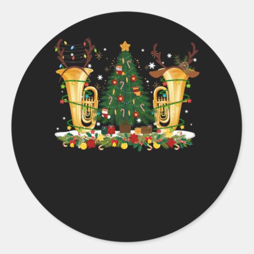 Tuba Music Lover Xmas Lighting Reindeer Horn Merry Classic Round Sticker