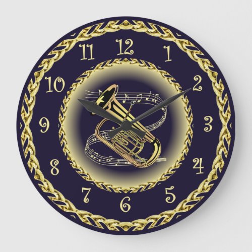 Tuba Musical Scroll  Gold and Navy Blue  Large Clock