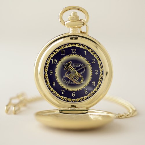 Tuba Musical Scroll  Gold and Navy Blue   Pocket Watch