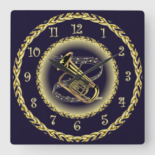 Tuba Musical Scroll ~ Gold and Navy Blue ~ Square Wall Clock