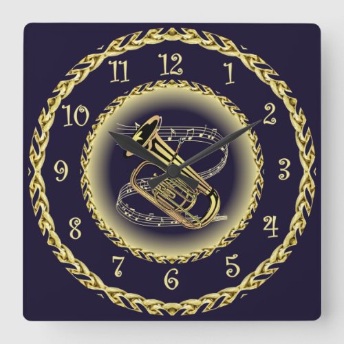 Tuba Musical Scroll  Gold and Navy Blue   Square Wall Clock