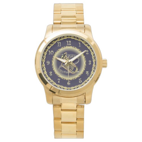 Tuba Musical Scroll  Gold and Navy Blue   Watch