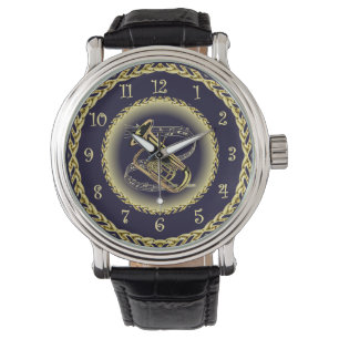 Tuba Musical Scroll ~ Gold and Navy Blue ~ Watch