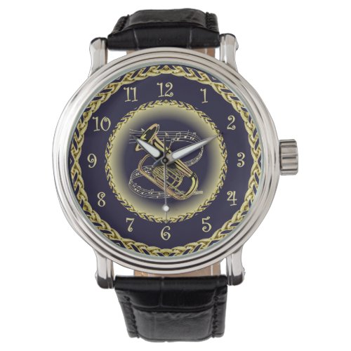 Tuba Musical Scroll  Gold and Navy Blue  Watch