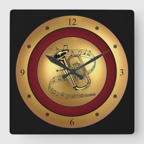 TubaMusical ScrollGoldMaroonBlack Background Square Wall Clock