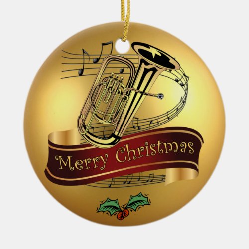 Tuba  Musical Scroll  Gold  Merry Christmas  Ceramic Ornament