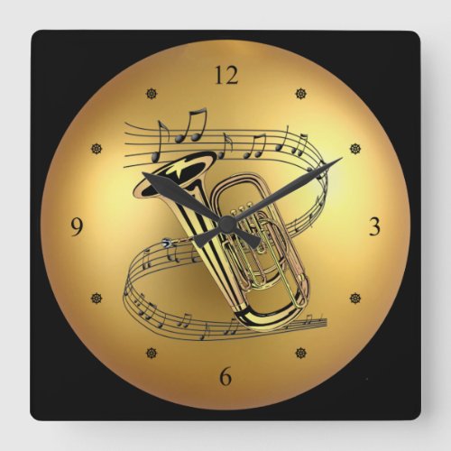 Tuba  Musical Scroll  Golden Globe Background  Square Wall Clock