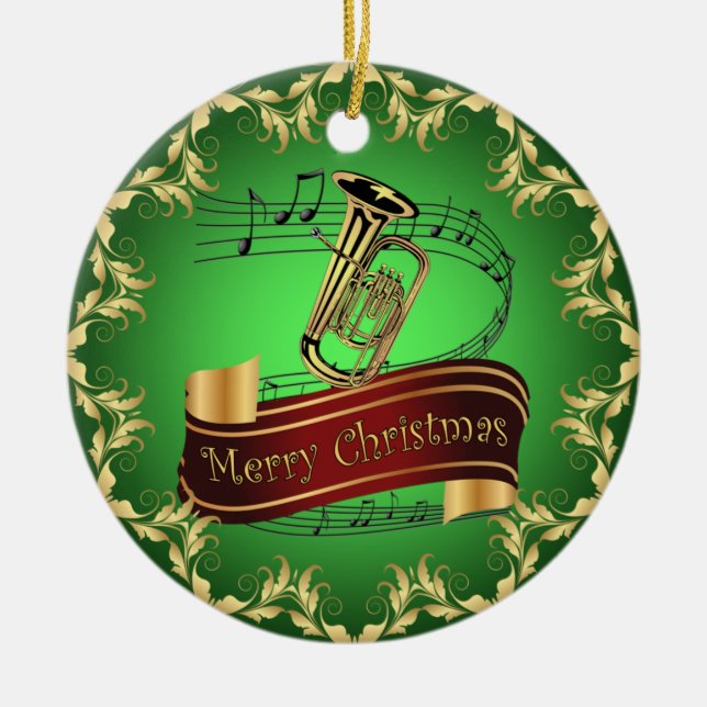 Tuba ~ Musical Scroll ~ Merry Christmas ~ * ~  Ceramic Ornament (Front)