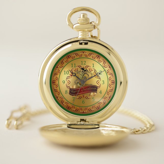 Tuba ~ Musical Scroll ~ “Merry Christmas”    Pocket Watch (Inside)