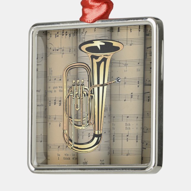 Tuba ~ Rolled Sheet Music Background ~ Musical Metal Ornament (Left)