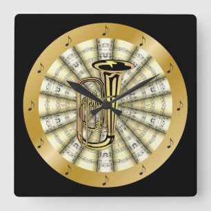 Tuba ~Rolled Sheet Music ~Black or Any Color Back~ Square Wall Clock