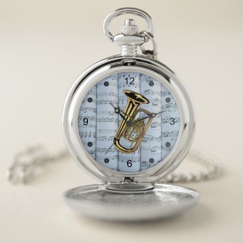 Tuba  Rolled Sheet Music  Blue Tint Background  Pocket Watch