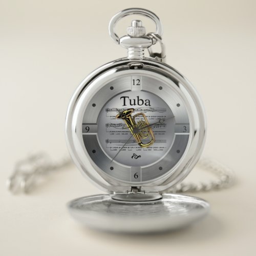 Tuba  Sheet Music  Brushed Silver Color  Pocket Watch