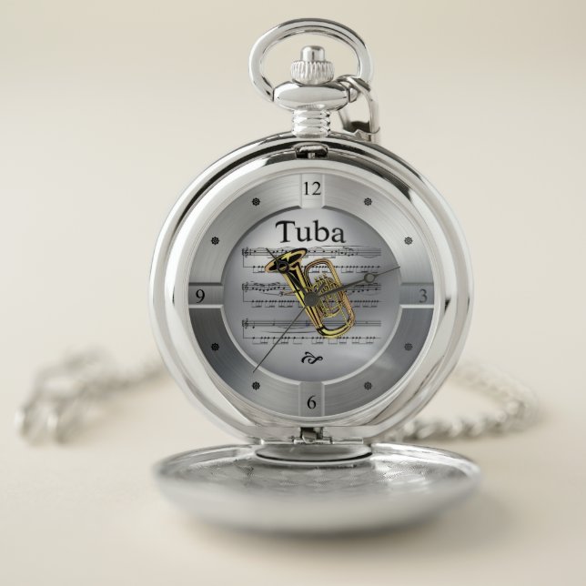 Tuba ~ Sheet Music ~ Brushed Silver Color ~ Pocket Watch (Inside)
