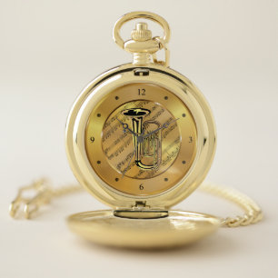 Tuba ~ Sheet Music ~ Gold Background ~ Unique ~ Pocket Watch
