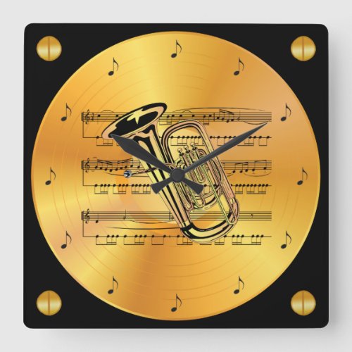 Tuba  Sheet Music  Gold Record  Square Wall Clock