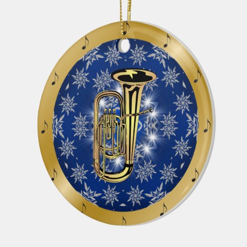 Tuba  Silver  Blue  Gold  Christmas  Ceramic Ornament