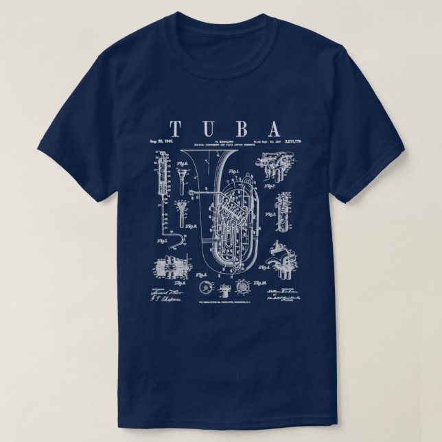 Tuba Vintage Patent Tubaist Tubist Drawing Print T-Shirt (Design Front)