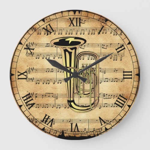 Tuba  Vintage Sheet Music Background  Unique  Large Clock