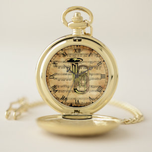 Tuba ~ Vintage Sheet Music Background ~ Unique ~ Pocket Watch