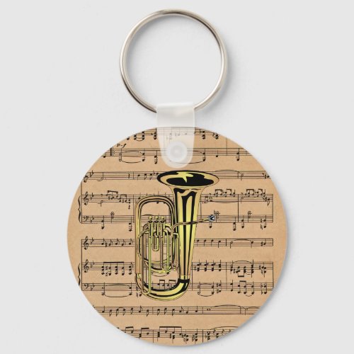 Tuba  With Sheet Music Background Keychain