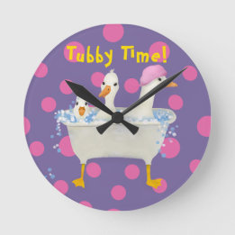 Tubby Time Three Ducks in Bathtub Watercolor Round Clock