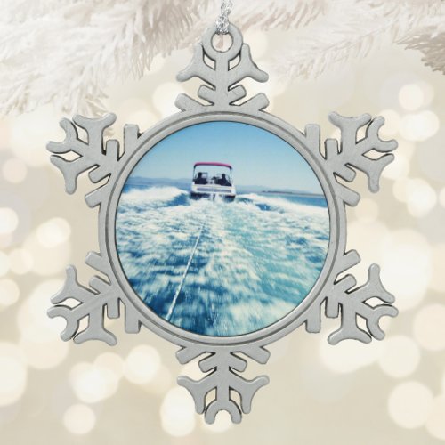 Tubing Behind Speed Boat Snowflake Pewter Christmas Ornament