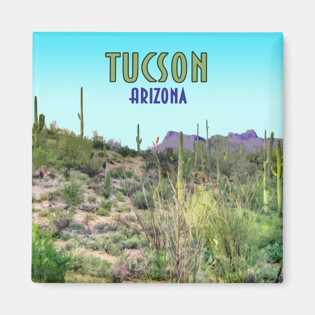 Tucson Arizona Cactus and Mountain Vintage Magnet (Front)