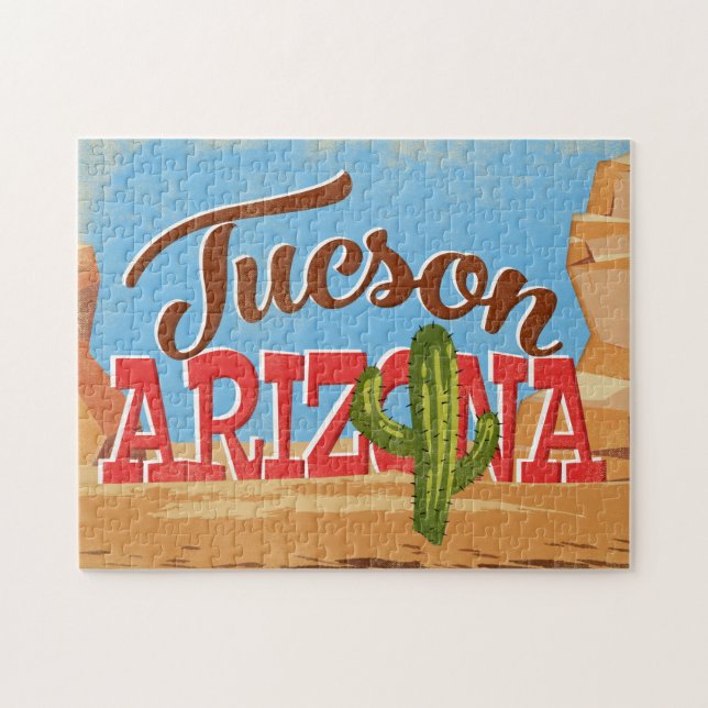 Tucson Arizona Cartoon Desert Vintage Travel Jigsaw Puzzle (Horizontal)