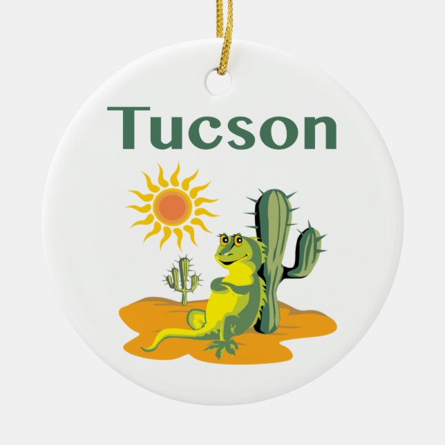 Tucson Arizona Lizard under Saguaro Ceramic Ornament (Front)