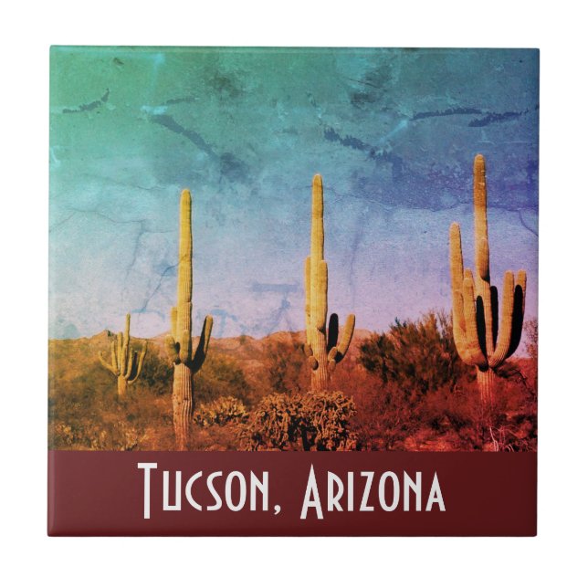 Tucson, Arizona Saguaro Cactus Ceramic Tile (Front)