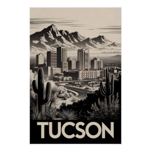 Tucson Arizona Skyline Black White Woodcut Poster