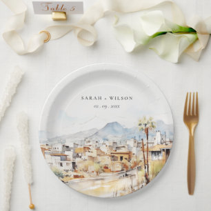 Tucson, Arizona Watercolor Landscape Wedding Paper Plates