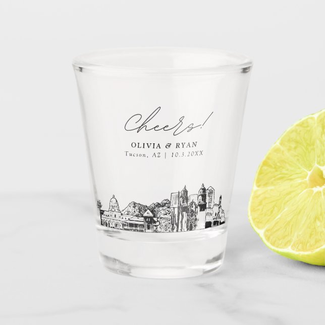 Tucson Arizona Wedding Favor Personalized Cheers Shot Glass (Front)