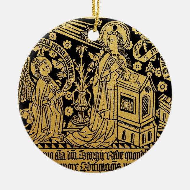 Tudor Brass Rubbing Annunciation Mary Angel Ceramic Ornament (Front)