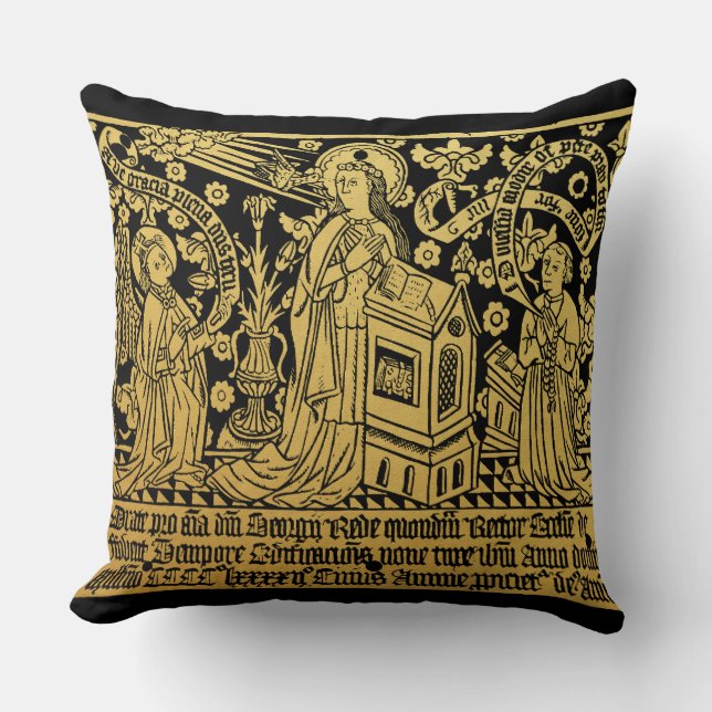 Tudor Brass Rubbing Annunciation Mary Angel Throw Pillow (Front)