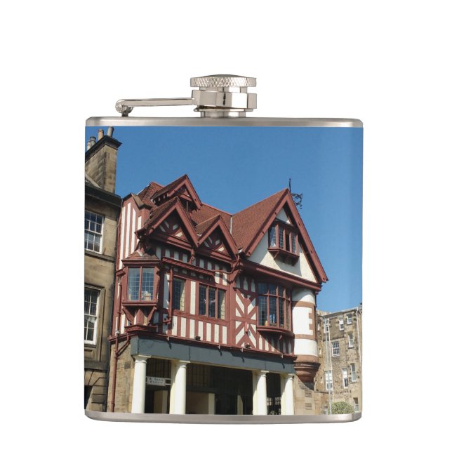 Tudor oak frame building, Edinburgh, Scotland Flask (Front)