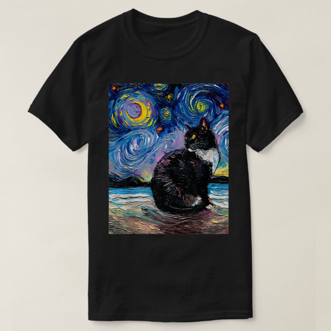 Tuedo Cat on Beach Starry Night Impressionist Art  T-Shirt (Design Front)