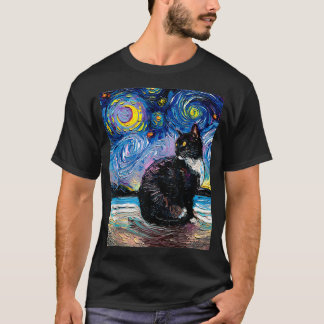 Tuedo Cat on Beach Starry Night Impressionist Art T-Shirt