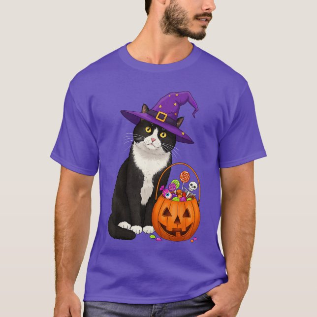 Tuedo Witch Cat Halloween Candy Basket for Men Wom T-Shirt (Front)